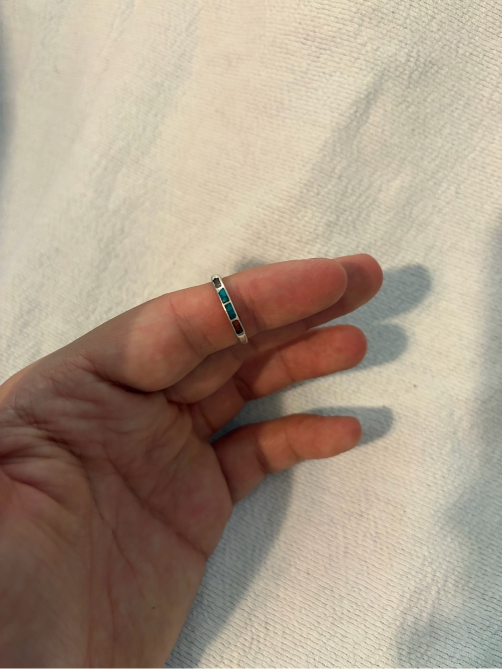 Vintage Southwestern Inlay Silver Band Ring - Turquoise & Red Coral Channel Inla